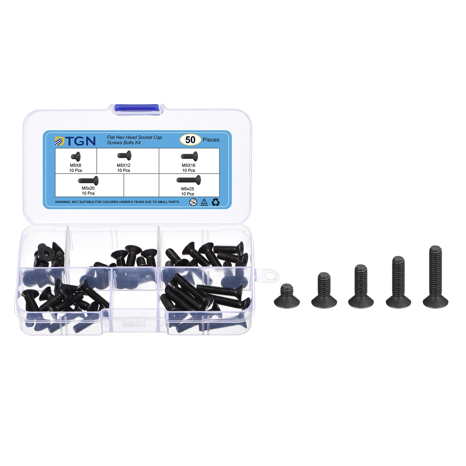 DTGN 50Pcs M5 x 8mm /12mm /16mm /20mm /25mm Flat Head Hex Socket Cap Screws Bolts Kit, Carbon Steel Black Oxide, Full Thread, Countersunk Bolts