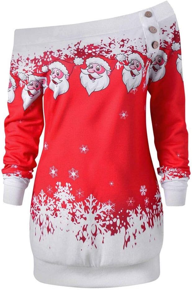 Moonuy Festive Christmas Stylish Design Sweatshirt Party Dress for Christmas Party Decoration Fashion Women Christmas Santa Snowflake Printed Tops Off Shoulder Asymmetric Sweatshirt