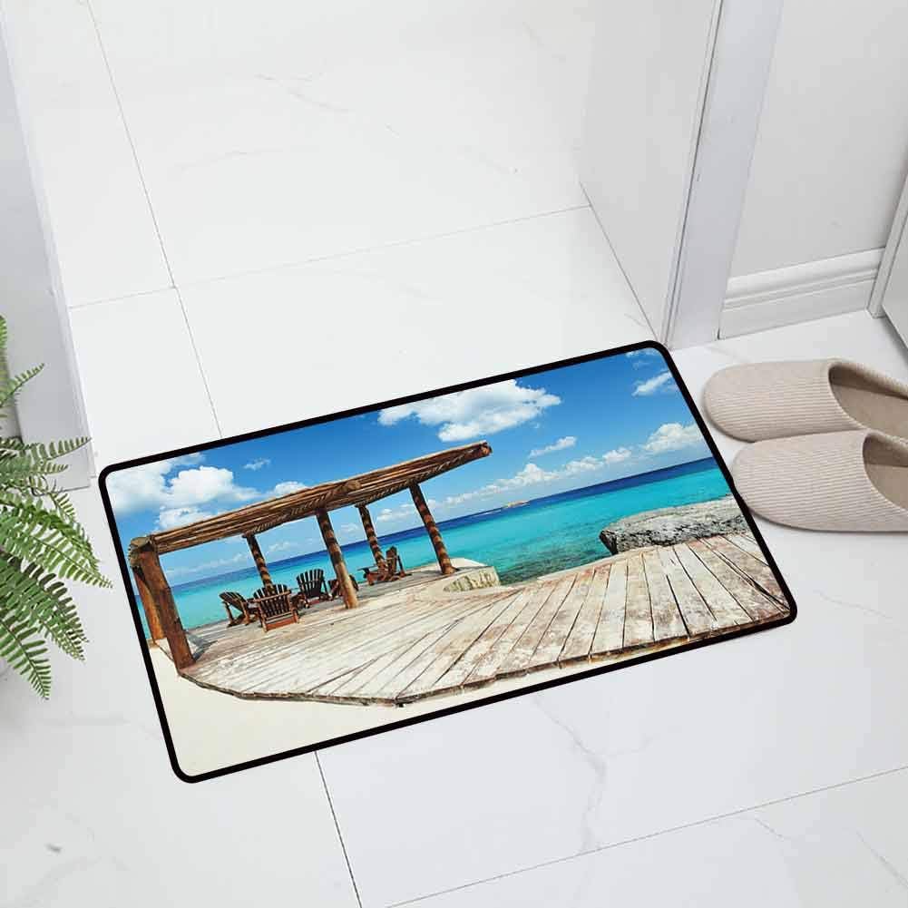 Coastal Indoor Outdoor Floor Mats Kitchen Floor Mat Wooden Terrace Next to Beach with Vivid Blue Water Veranda Exotic Ocean with Non Slip Backing, 47 x 31.5 inch Brown Blue