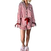 Sastianaen Women Christmas Pajama Sets Bow Tie Long Sleeve Shirt Ruffle Shorts Striped 2 Piece Pjs Sets