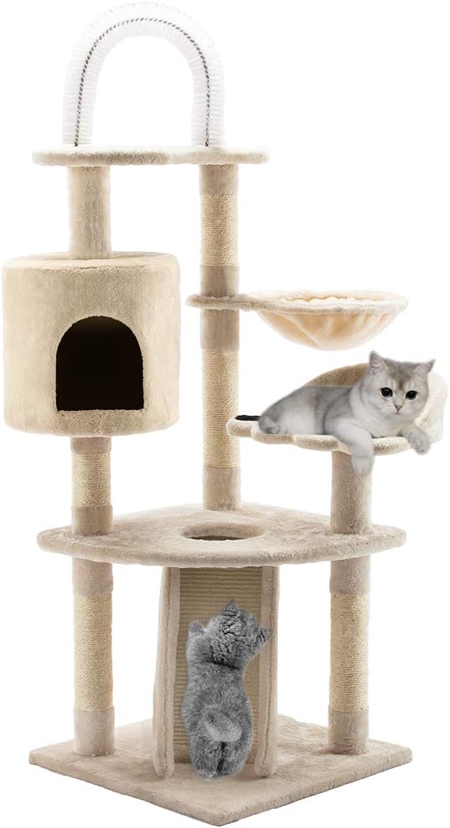 JL Comfurni Cat Scratcher Tree Tower Kitten Playhouse Furniture with Brush and Slide Staircase, Beige