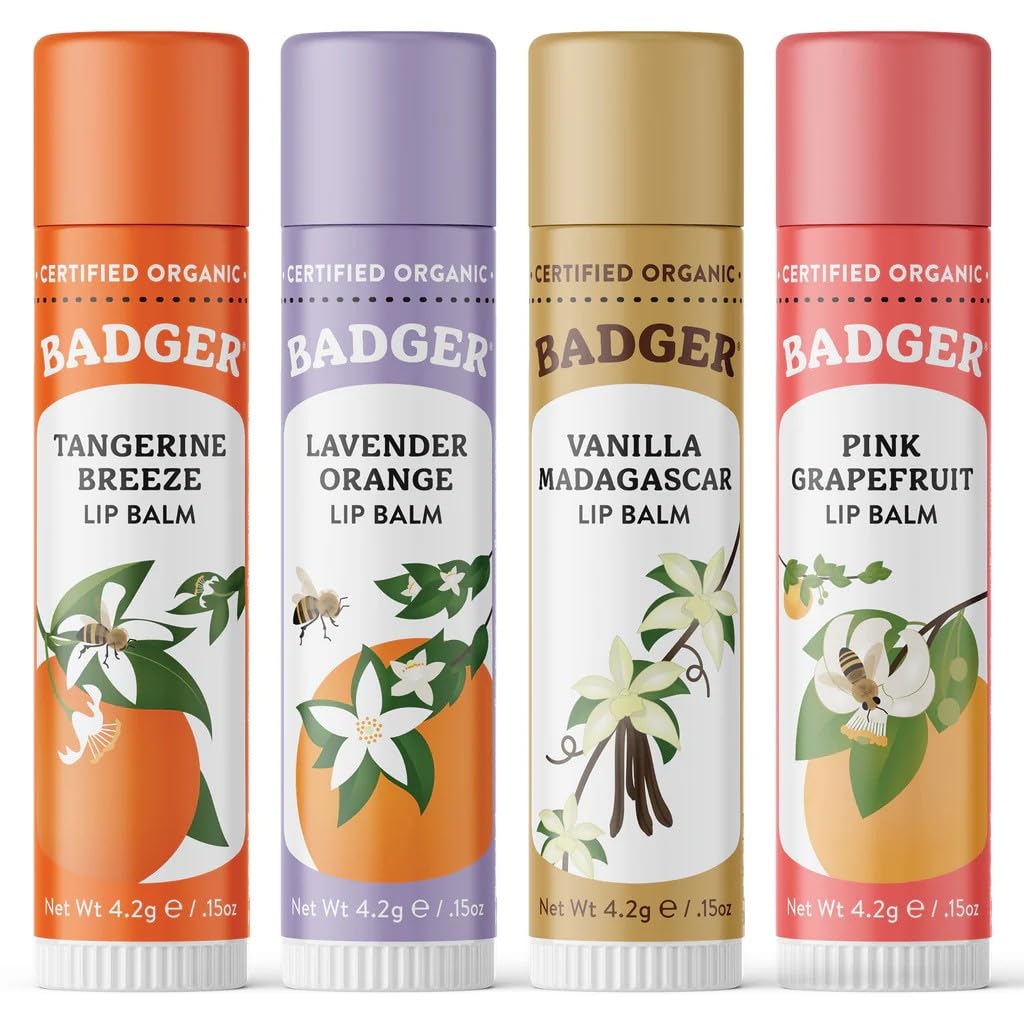 Badger Organic Lip Balm Sticks – Set of 4 | Mint, Tea Tree, Unscented & Tangerine | Organic, Petroleum-Free & Olive Oil-Enriched | Moisturises & Protects Lips for Natural Softness