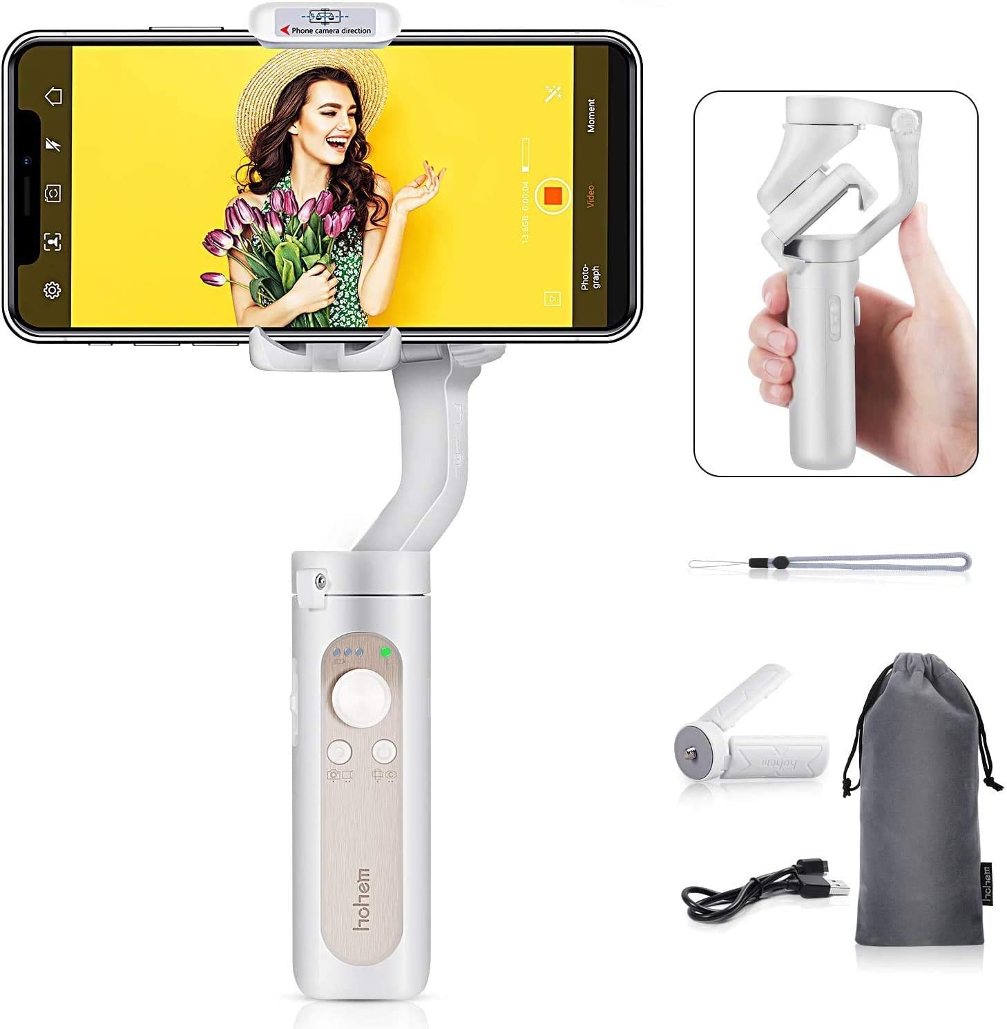 hohem iSteady X Gimbal 3-Axis Smartphone Gimbal Stabilizer Lightweight 259g Phone Video Stabiliser Beauty Retouch Inception Mode with iPhone 14/13/12/11 Pro/Max and Android Smartphone Gimble (White)