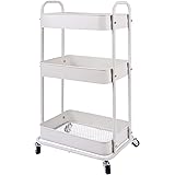 YOHKOH 3-Tier Metal Rolling Utility Cart, Storage Trolley Cart with Mesh Baskets and Lockable Wheels for Bathroom Kitchen Off