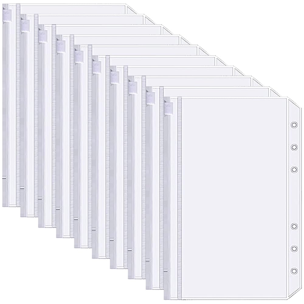 10 Pcs A5 Plastic Zipper Budget Transparent Waterproof Binder Pockets 6 Holes binder wallets A5 Budget Binder Pockets for Photos Money Cash Name Card Bank Cards