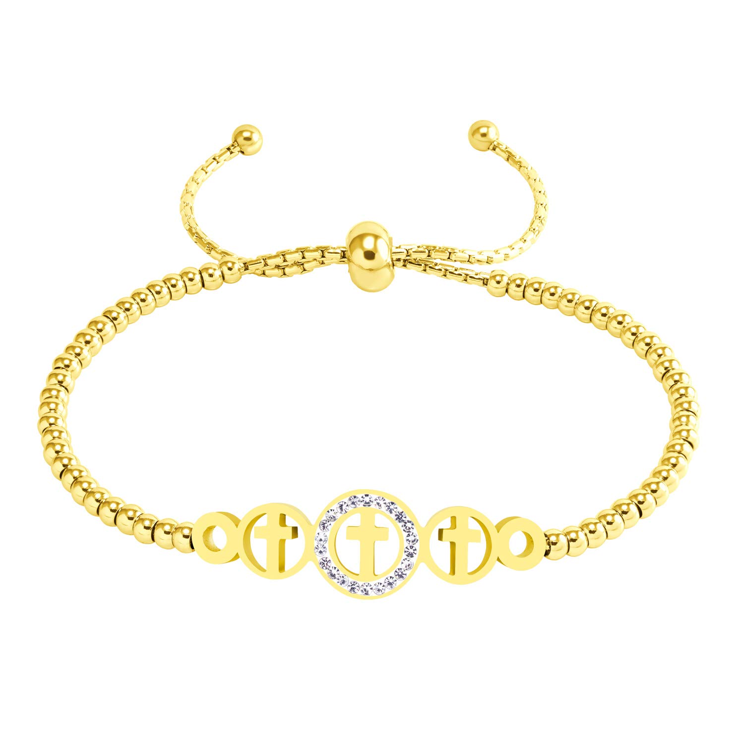 555Jewelry Stainless Steel Cross Bracelet for Women Adjustable Slide Bracelet Cuff Bangle Ball Chain Beaded Bolo Bracelets for Women, Cubic Zirconia Bracelets for Women, Gold