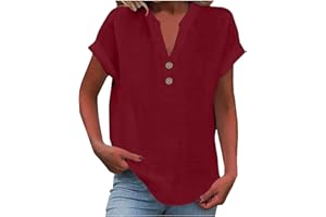 FLOLEO Linen Shirts for Women V Neck Button down Blouse Short Sleeve Office Work Tops Vintage Vacation Tees Shirt Blouse Tops