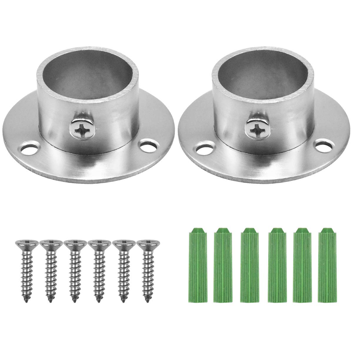 HQdeal 2 Pack Stainless Steel Closet Pole Sockets, Heavy Duty Closet Rod End Supports Round Shaped Flange Rod Holder with Screws for Wardrobe Bracket Shower Curtain Rod Flange Socket Kit (25mm)