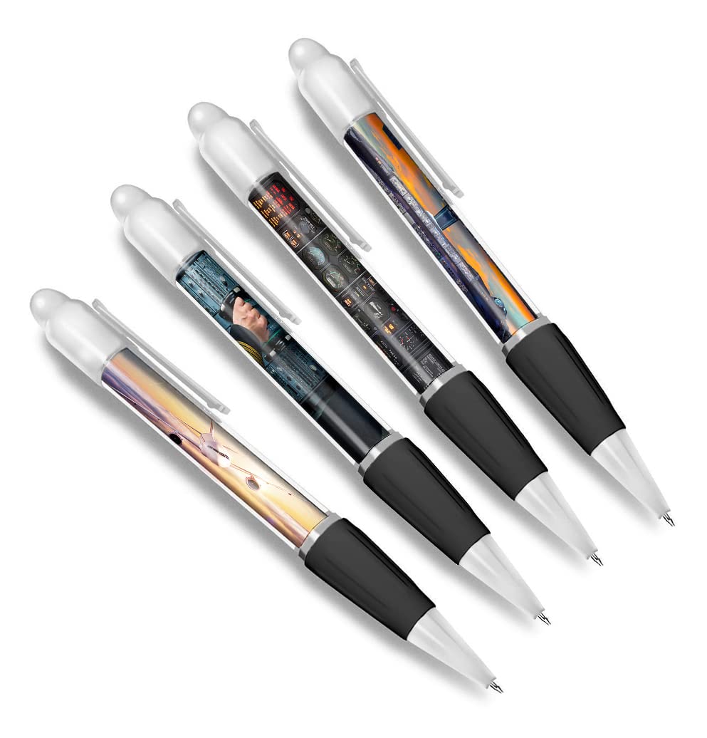 Set of 4 Cockpit White Ballpoint Pens - Deck Pilot Flight Flightdeck Airplane Aeroplane Friends Boys Girls Men Women Theme Pen #79372