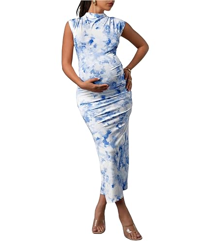 MakeMeChic Women's Fall Maternity Dress Long Sleeve Tie Dye Mesh Ruched Bodycon Maxi Cocktail Dress Multicolor Small at Amazon Women's Clothing store