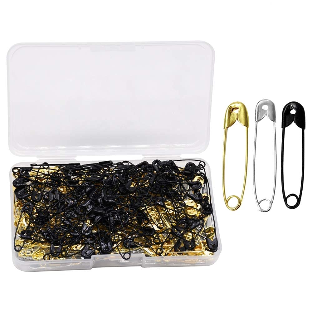 YOFASEN 390 Pieces Safety Pin - Large Small Safety Pins Assorted 18mm 22mm 27mm 32mm 35mm 43mm 53mm for Art Craft Sewing Jewelry Making Home Office Use Gold Silver Black