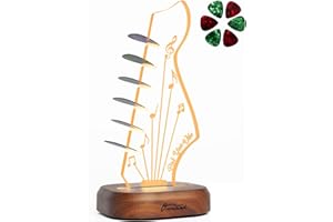 ONMIWOD Light Up Guitar Pick Holder with 6 Guitar Picks, Acacia Wood & Acrylic Guitar Headstock Shaped Pick Holder Case for Guitar Pick Storage & Display, Guitar Music Accessories Gift for Guitar Lover Player