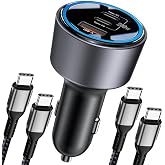 200W USB C Car Charger, 2 Port 100W Type-C Charger with 2 100W USB C Cable | PD3.0 QC4.0 PPS Fast Charging Type C Cigarette Lighter Adapter for Dell XPS,MacBook,iPhone16/15/14,Galaxy S24 Ultra, iPad Pro