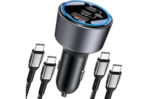 200W Car Charger, USB C Car Charger PD3.0 QC4.0 PPS Fast Charging Car Adapter with 2 100W USB C Cable 3 Port Type C Cigarette