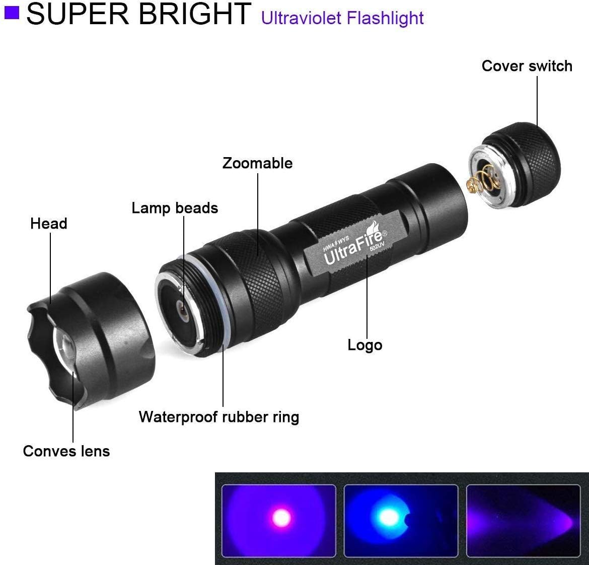 UltraFire UV Flashlight 395-405 nm Led Blacklight with 18650 battery and charger for curing UV glue, Leak Detector, Pet Urine Stain - - 