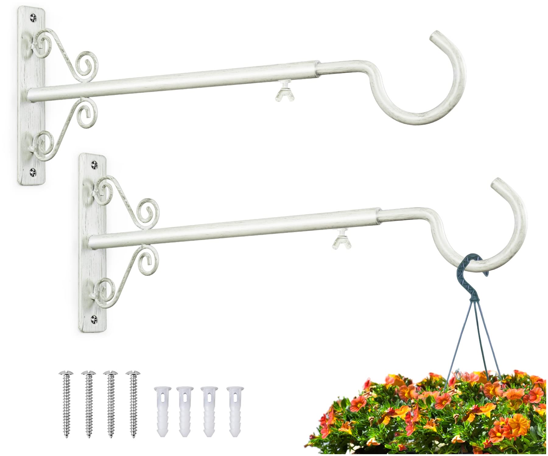 Photo 1 of (MISSING HARDWARE) BOLITE Bird Feeder Hanger(16 to 24 Inch), Adjustable Hanging Plant Bracket, Wall Hooks for Hanging Bird Feeders, Planters, Lanterns, Wind Chimes, String Lights, 2 Pack, White