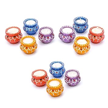 Bharat Gifts 12 Piece Matki Diya Candle | Clay & Terracotta Diya for All Kind of Festival Diwali/Navratri | Colourful Hand Painted Puja Pooja Diya | Home Decoration (Multicolor) (12)
