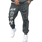 WDIRARA Men's Cartoon Letter Graphic Sweatpants Color Block Drawstring Waist Jogger Pants with Pockets
