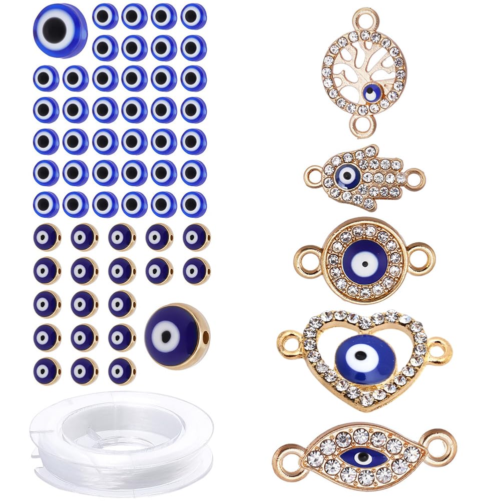 SUNNYCLUE 1 Box Evil Eye Charms Kit 120pcs Flat Round Acrylic Enamel Beads 5pcs Rhinestone Links connectors with 11 Yards Elastic Thread for Jewelry Making Bracelet Necklace