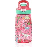 14oz Dinosaur Kids Water Bottle with Straw Lid - Cute Water Bottles for Kids, Leakproof, Lightweight, Durable Plastic Bottles for School, Pop-Up Straw Cover, Gift Cup for Girls Boys (Dinosaur)