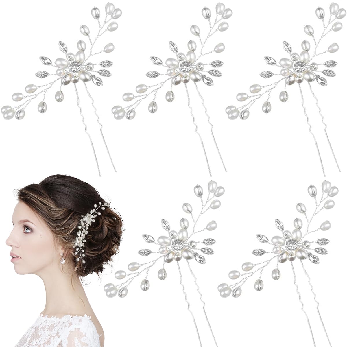 5 Pcs Bridal Hair Pins, Pearl Flower Crystal Bridal Bridesmaid Jewelry Wedding Hair Pin Clips Rhinestone Headpiece Accessories Bobby Pin