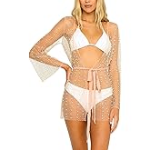 Women's Sexy Pearl Rhinestone Sheer Mesh Beach Cover Up Long Sleeve Kimono Cardigan Tie Front Blouse