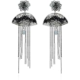 Large Black Rose Fan Tassel Resin Dangling Earrings for Women Sector Aesthetic Earrings Cheongsam Antique Cool Chinese Japanese Vintage Long Sterling Silver Stud Statement Pretty Jewelry