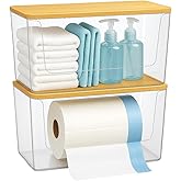 CiWiVOKi 2 Pack Trash Bag Holder with Bamboo Lid - Stackable Under Sink Organizer & Garbage Bag Dispenser for Kitchen Organization - Large Plastic Holder for Laundry Room, Pantry, Bathroom, Cabinets