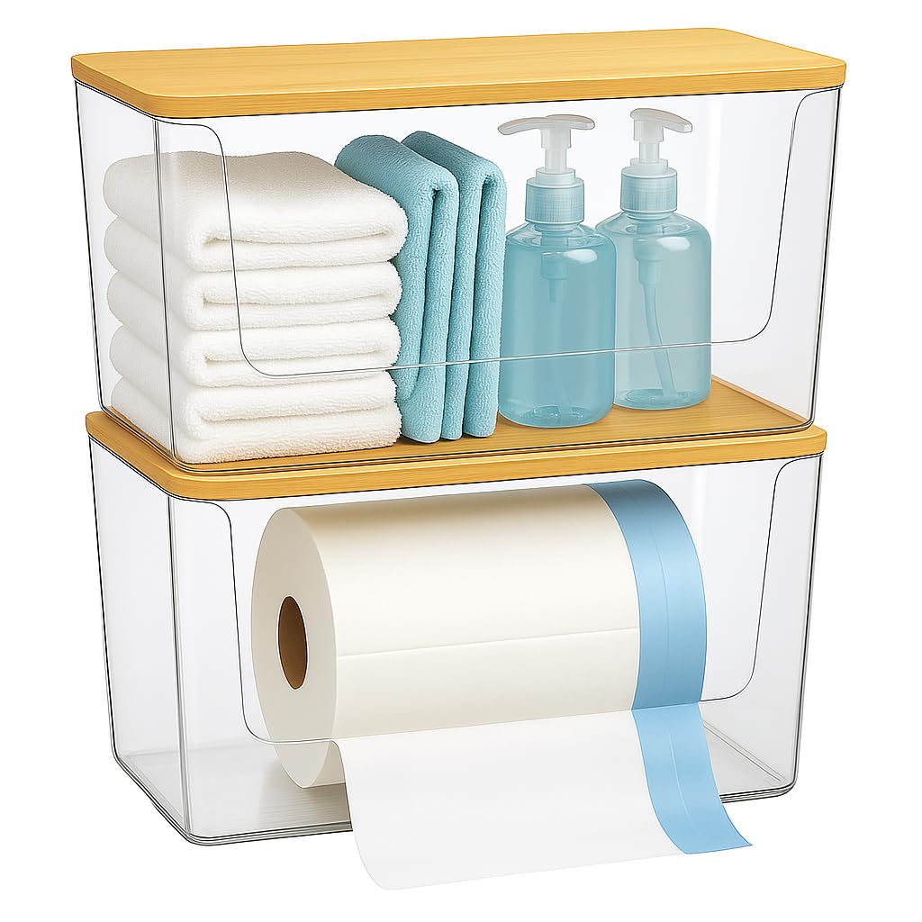 Photo 1 of 2 Pack Trash Bag Holder with Bamboo Lid - Stackable Under Sink Organizer & Garbage Bag Dispenser for Kitchen Organization - Large Plastic Holder for Laundry Room, Pantry, Bathroom, Cabinets