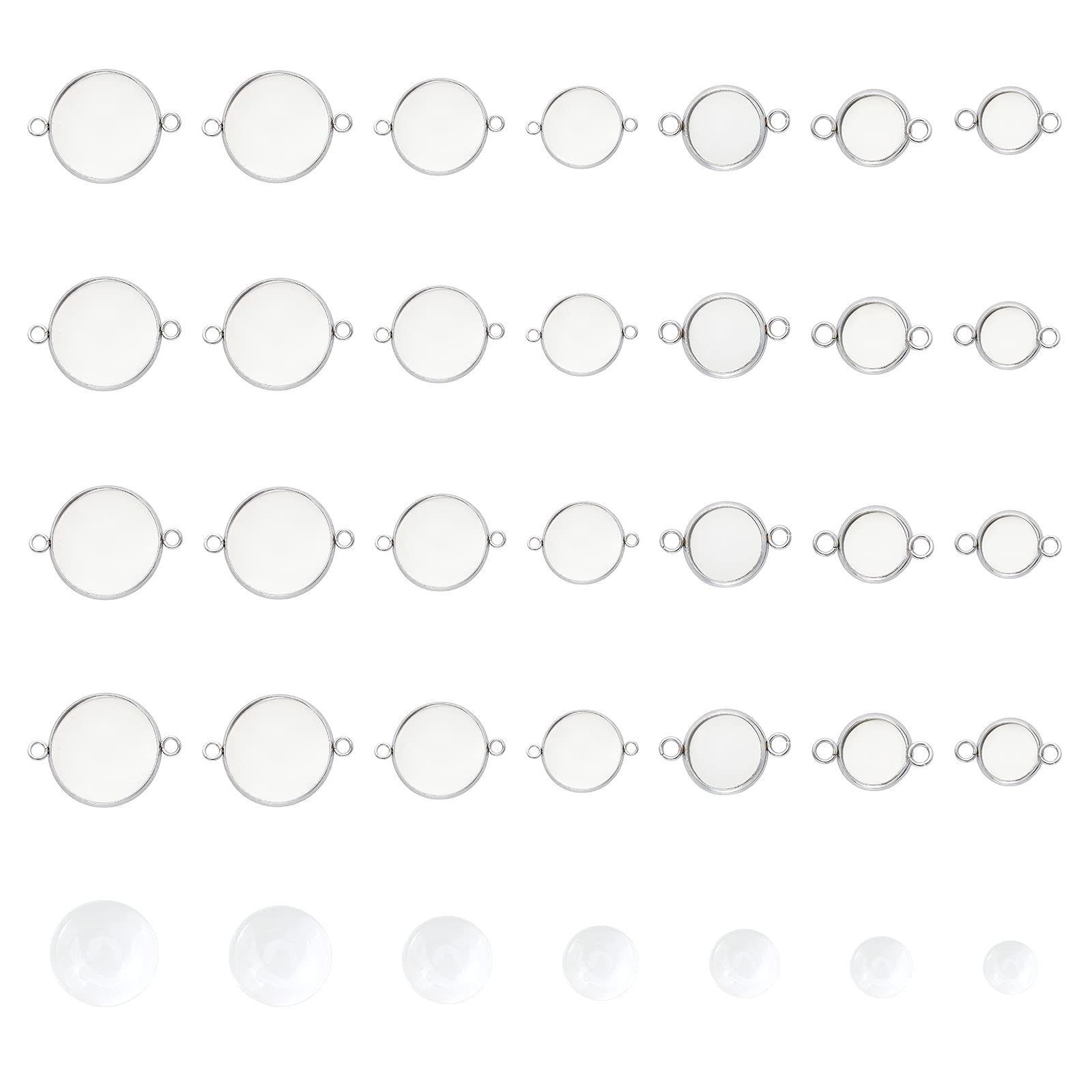 UNICRAFTALE about 42 Sets 7 Sizes 8/10/12/14/16/18/20mm Half Round Tray Links Making Stainless Steel Cabochon Connector Settings and Transparent Glass Cabochons for DIY Jewelry Making