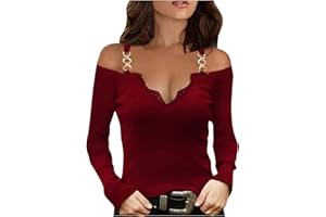 LFEOOST Off Shoulder Tops for Women Dressy Casual Long Sleeve Sexy V Neck Lace Strapless T Shirt Solid Loose Fit Chain Blouse