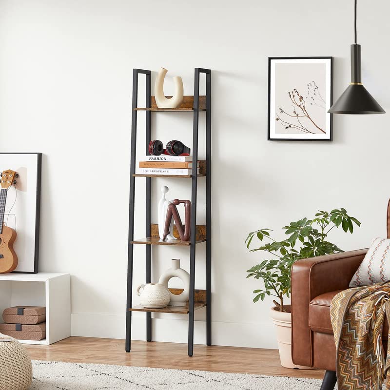 VASAGLE Bookshelf, 4-Tier Narrow Book Shelf, 11.8 x 13.3 x 55.1 Inches, Ladder Shelf for Home Office, Living Room, Bedroom, Kitchen, Rustic Brown and Ink Black ULLS108B01