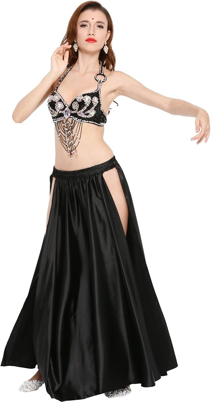 Dance Fairy Satin High Split Midi Skirt(no Belt),Black: Clothing