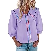 Cicy Bell Womens Button Down Shirts Trendy Casual 3/4 Lantern Sleeve Blouse Square Neck Collared Tops
