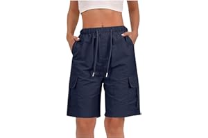 Bermuda Shorts Women Summer Quick Dry Cargo Shorts Elastic Waisted Drawstring Knee Length Short Pant Outdoor Hiking Short