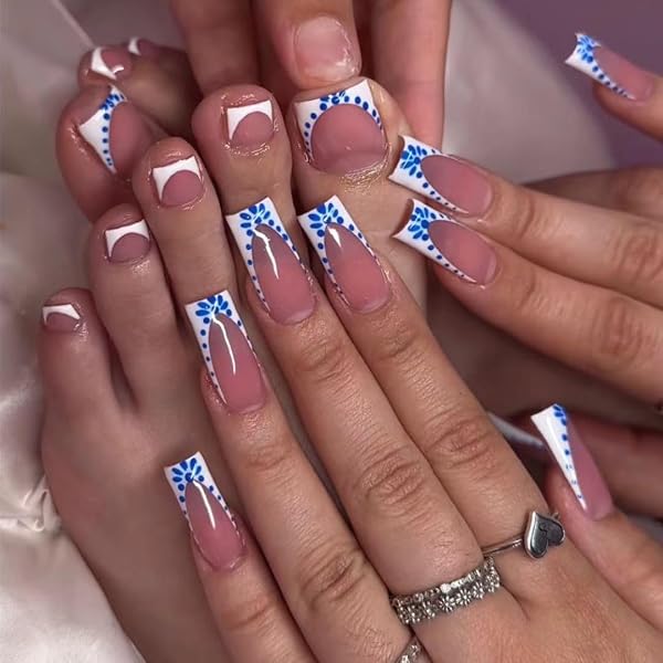 CTTHNBD MEDIUM PRESS ON NAILS SQUARE & PRESS ON TOENAILS SET, WHITE FRENCH TIP WITH BLUE SPOT DESIGN – FOR WOMEN 48 PCS
