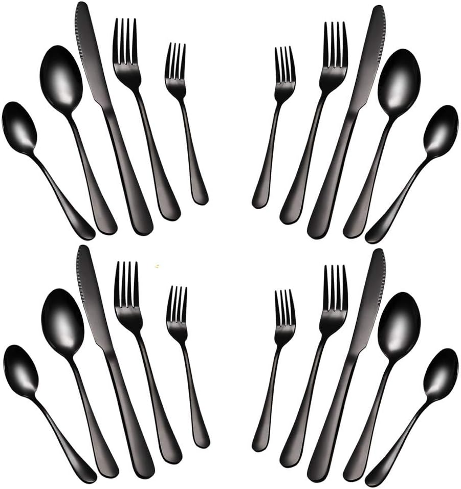Black Silverware Set, Flatware Set 20 Piece Stainless Steel Cutlery Mirror Polished Utensil Tableware Sets, Include Knife Fork Spoon for Kitchen Service for 4