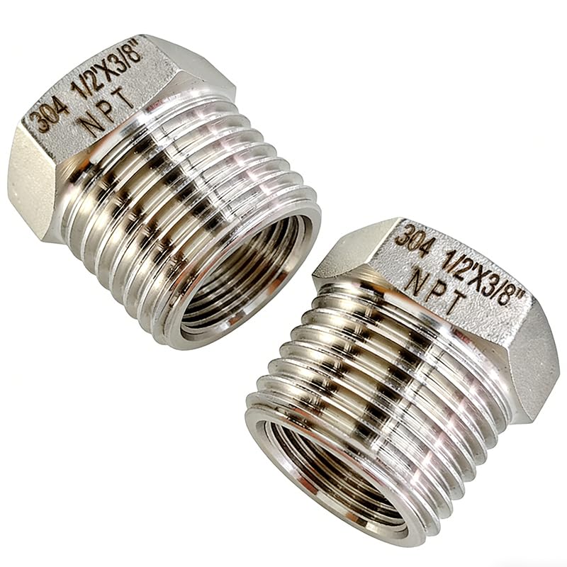View 1 of 2 Pcs 304 Stainless Steel 3/8" Female to 1/2" Male Adapter, NPT Pipe Fitting Adapter for 1/2 to 3/8 Reducer Bushing NPT Tube Connection Convert(1/2" Male x 3/8" Female)