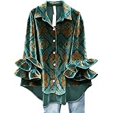 Women's Button Down Bell Sleeve Ruffled Blouse – Retro Pattern Casual Going Out Top for Women