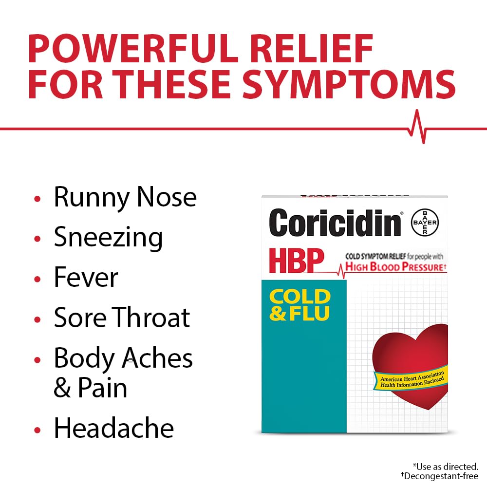 Coricidin HBP Decongestant-Free Cold & Flu Medicine for Hypertensives, Cold & Flu Symptom Relief for People with High Blood Pressure, 325 mg Acetaminophen Tablets (20 Count), Multicolor (533815)
