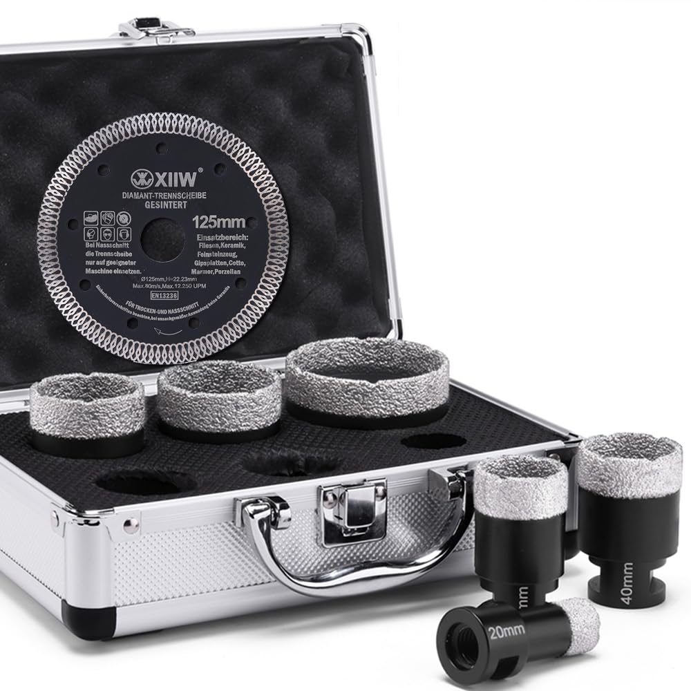 7-Piece Tile Drill Bit M14 x 10 mm Diamond Drill Bit 20-68 mm + 125 mm Cutting Disc for Angle Grinder Hole Saw Set Tiles Granite Porcelain Stoneware Ceramic Masonry Wet/Dry Drill Bit Tile Drill Bit