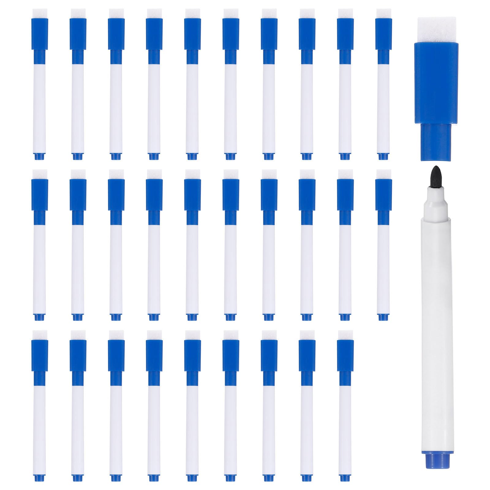 PATIKIL Dry Erase Marker Pens, 30 Pack Dark Blue Ink Fine Point Low Odor Whiteboard with Eraser Cap for Office Home Classroom, White Pen Rod