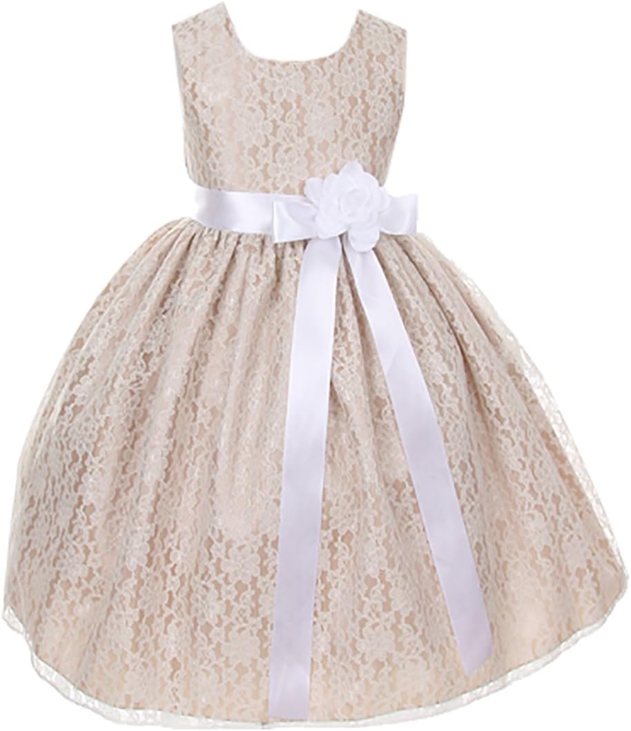 Cinderella Couture Girls Elegant Champagne Lace Flower Girl Dress & Sash