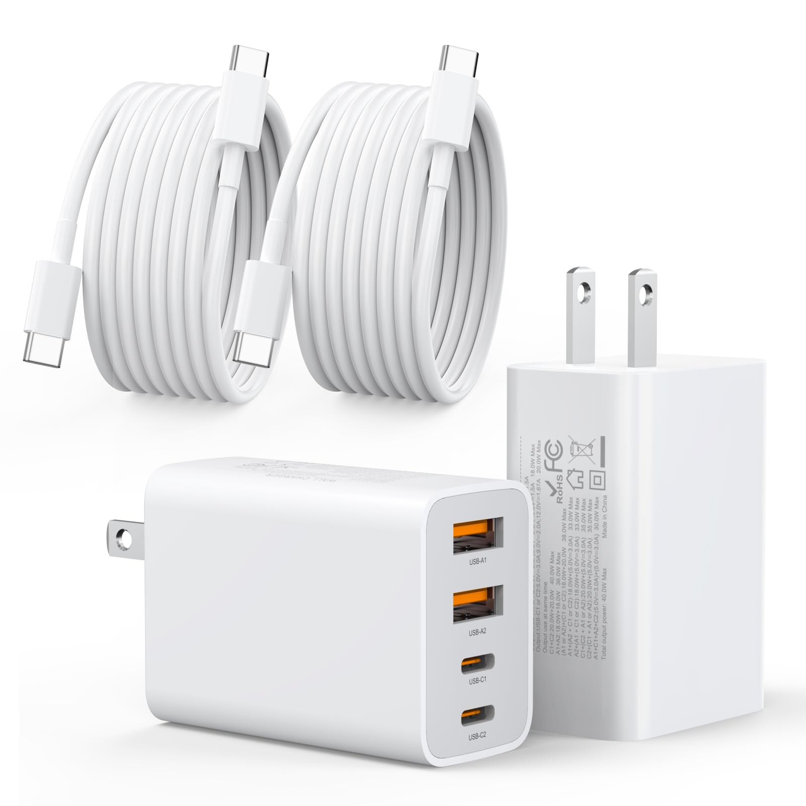 Photo 1 of 40W USB C Charger, 2 Pack 4-Port PD Power Adapter + QC Wall Plug Multiport Type C Charging Block Cube, (2 Pack 6 ft USB C Cable Included) for iPhone 16 Series, Samsung, Pad, Smartwatches and Tablets