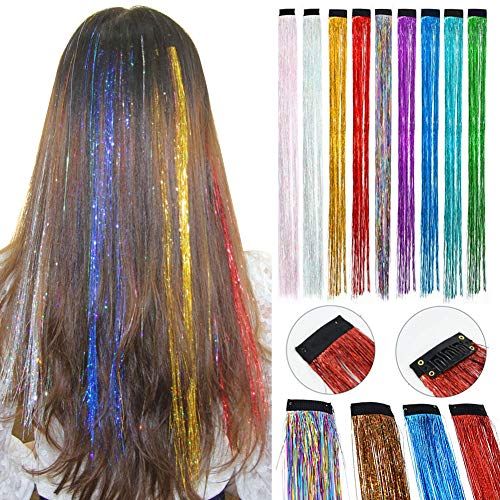 CLDY Colored Hair Extensions Clip in/On for Girls and Kids Hair Tinsel 9 PCS Nine Colors (Sparkling Silver, Pink,Green,red, Purple, Rainbow, Sky Blue, Gold, Blue)