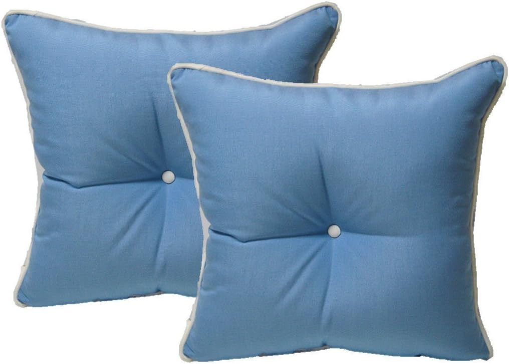 Resort Spa Home Decor Set of 2 - Indoor/Outdoor 20" Square Decorative Throw/Toss Pillows - Sunbrella Canvas Air Blue with White Cording/Piping and Buttons