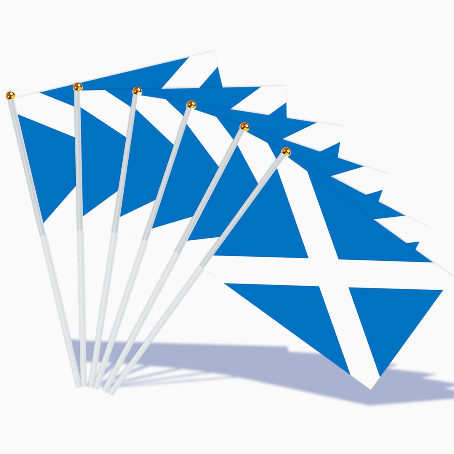 AhfuLife 100pcs Scottish Flags on Sticks for Burns Night Decorations, 14 x 21cm Scotland Hand Held Small Stick Flags with 30cm White Poles for St. Andrew's Day Euro Football Party Decorations — image 1