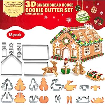 Q-Baker 3D Gingerbread House Cookie Cutter 18 PCS Cookie Cutters Mold Includes Snowflake, Reindeer, Angel, Christmas Tree and More, Christmas Gift Box Package