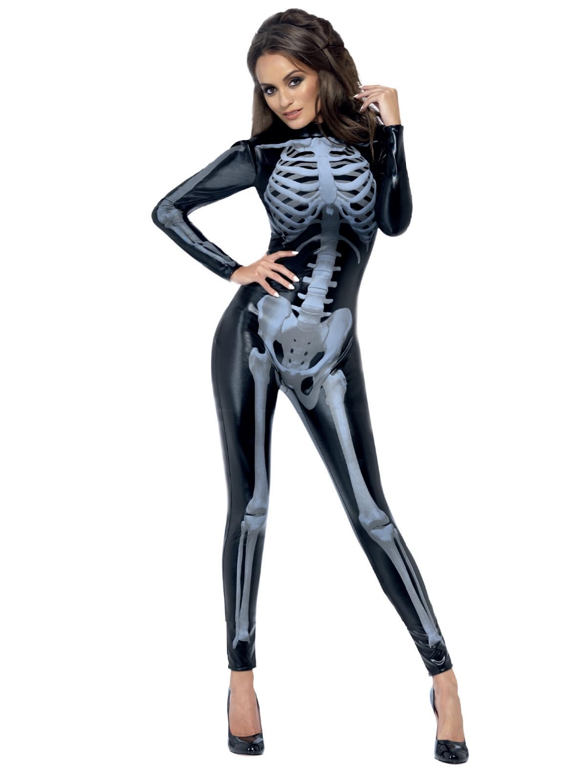 Smiffys Fever Miss Whiplash Skeleton Costume, Black with Printed Catsuit, Fever Fancy Dress, Skeleton Dress Up Costumes Large