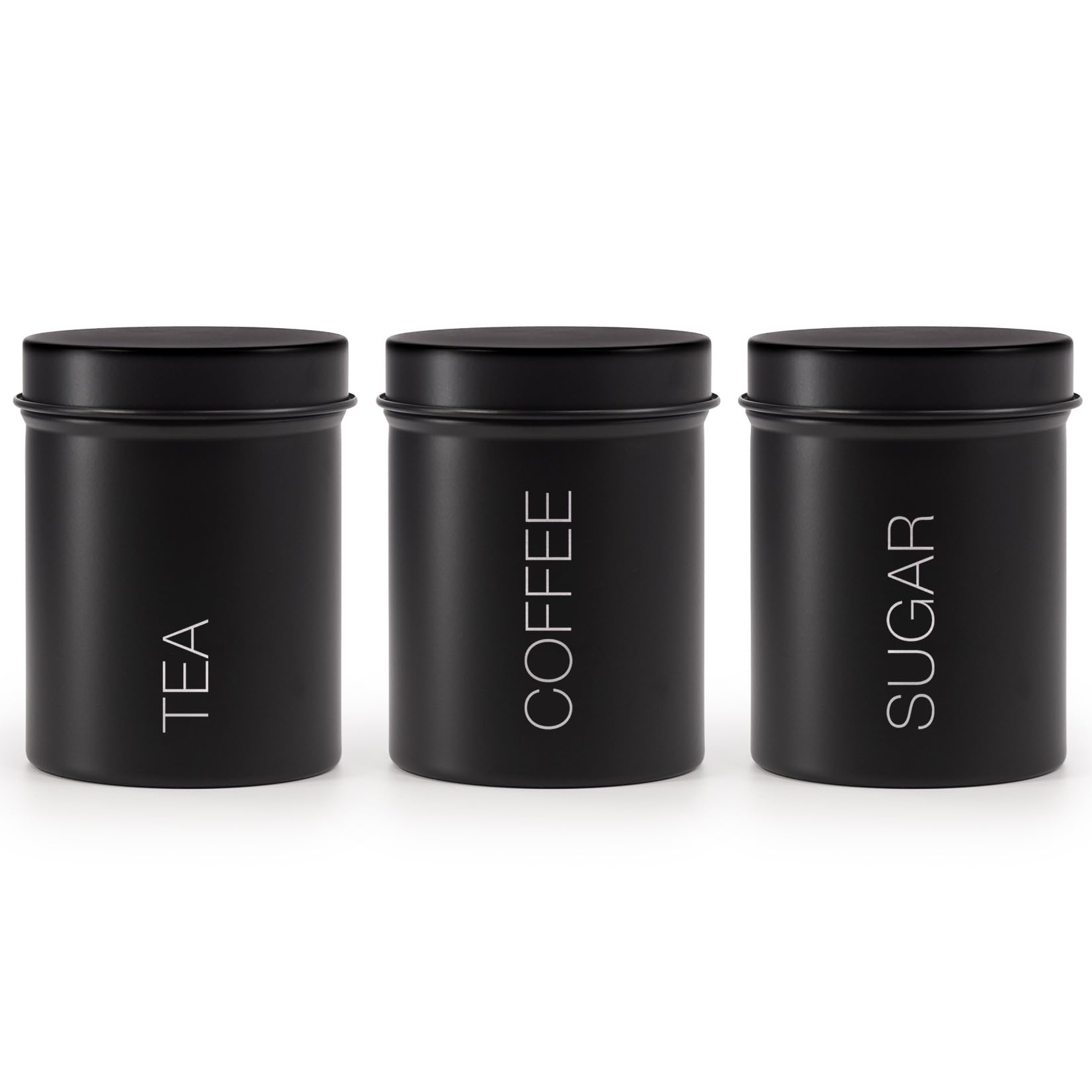 EHC Set of 3 Airtight Tea, Coffee, and Sugar Canisters, Set of 3 Airtight Food Storage Easy to Open Storage Canisters Jars Tin, Black, 9 x 12.5 cm